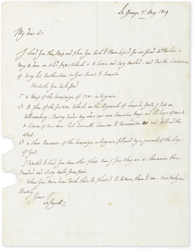 LAFAYETTE, GILBERT DU MOTIER; MARQUIS DE. Autograph Letter Signed, Lafayette, to My dear Sir, in English,